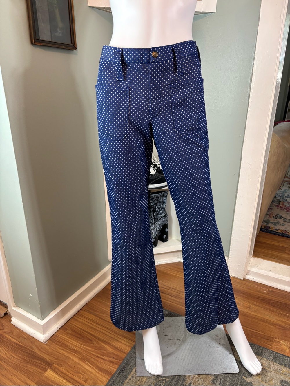 Vintage 70s Maverick Polyester Polka Dot Flared Pants Patch Pockets Bell Bottoms